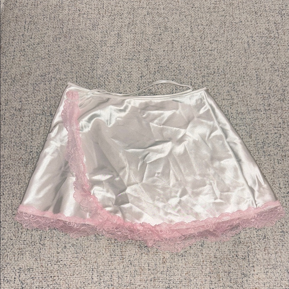 Forever 21 White Satin Chemise Skirt with Pink Lace Trim